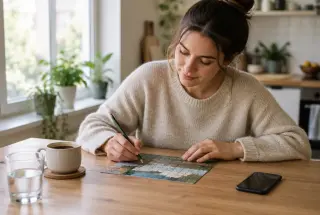 Personne résolvant un puzzle au crayon autour d’un café, dans une cuisine baignée de lumière naturelle le matin.