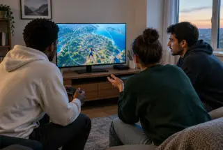 Trois jeunes adultes jouent ensemble à un jeu vidéo de type battle royale devant un écran montrant une carte avec une zone circulaire.